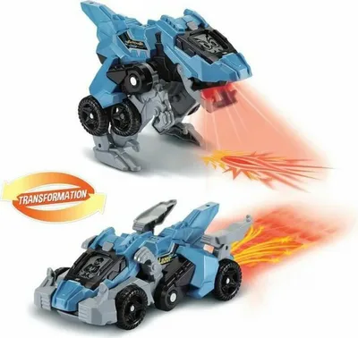 A toy robot that transforms into a car, shown in both forms with animated effects.