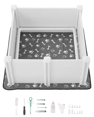 Obrázek produktu pro SucceBuy Porodní bedna pro psy, 98 x 98 x 46 cm, ohrádka pro štěňata z odolného PVC plastu s výškově nastavitelnými dvířky a omyvatelnou podložkou, stabilní bedna pro štěňata středních plemen, mléčně bílá