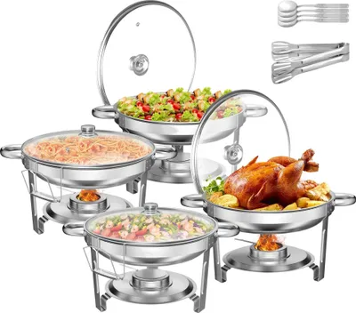 Zdjęcie produktu dla Zestaw podgrzewaczy do naczyń - okrągłe 5 qt (ok. 4,7 l) 4-pak - stal nierdzewna - podgrzewacz bufetowy/cateringowy - srebrny
