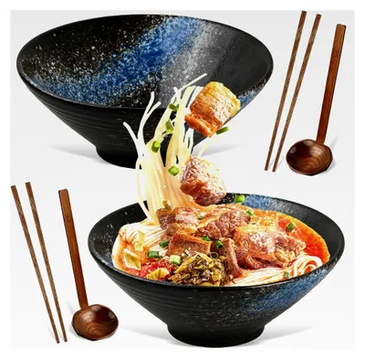Produktbild von 2 Sets Ramen Schüssel Keramik Set, 2×1000ml Ramen Schalen mit Essstäbchen und Löffel
