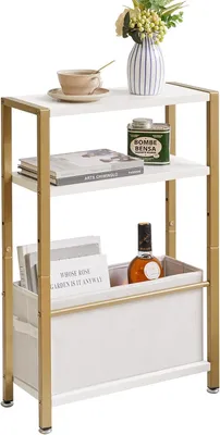 Produktbild von Schmaler Beistelltisch 3 Ebenen, mit Stoffkorb, Metallgestell, weiß, für Wohnzimmer