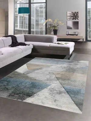 Obrázok produktu pre Abstraktný koberec do obývačky moderný pruhovaný vzor zlatá modrá sivá - ľahká údržba rozmer - 140x200 cm