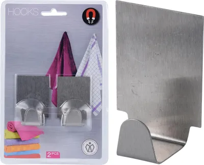 Packaging of magnetic hooks with towels, and a close-up of one hook.
