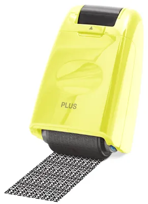 Produktbild von PLUS Japan, Datenschutz Rollstempel Camouflage in Gelb, Textschwärzer, Identitätsschutz, 1er Pack (1 x 1 Rollstempel) Gelb Single