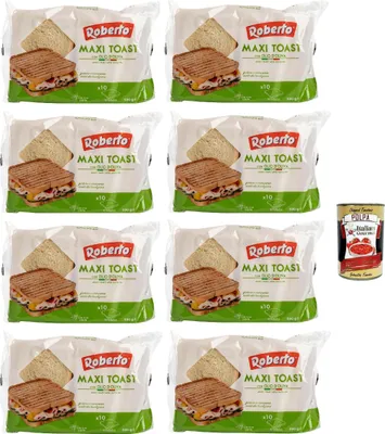 Produktbild von Roberto - 8er Pack Original italienisches Maxi Toast Essenza mit Olivenöl - Sandwich Toast Brot ideal für die mediterrane Küche - Sandwichtoast in 500 g Packung + Italian Gourmet polpa 400g
