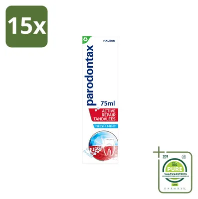 Imagen del producto de 15 tubos de pasta dental Parodontax Active Repair, sabor a menta fresca, para el cuidado de las encías, 75 ml. Pack grande, 15 unidades