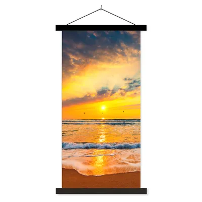 Produktbild von MuchoWow® Textilposter Sonnenuntergang - Strand - Meer - Wolken - Orange 40x80 cm mit schwarzem Rahmen - Wandemalerei
