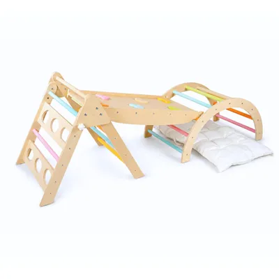 Produktbild von Dastium Kids Klettergerüst 6-in-1 Pastell – Pikler Dreieck mit Rutsche, Kletterbogen & Kissen – Holz, klappbar – 1-5 Jahre