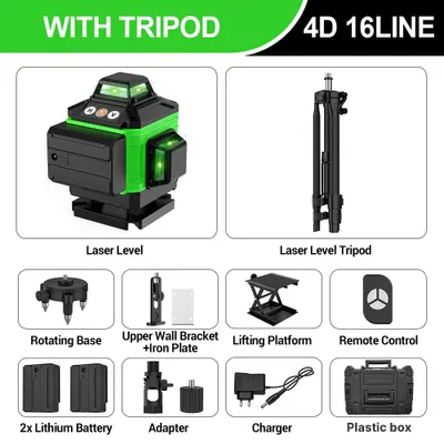Immagine prodotto di Livella laser - Livella laser 4D a 16 linee - Livellamento orizzontale e verticale a 360° - Funzionamento automatico - Raggio laser verde - Accessori completi