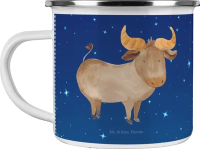 Produktbild von Mr. & Mrs. Panda Teetasse Sternzeichen Stier - Sternenhimmel Blau - Geschenk, Teebecher, Emaille Tasse, Ochse, Pott, Haferl, Geburtstag Mai, April, Becher, Rind