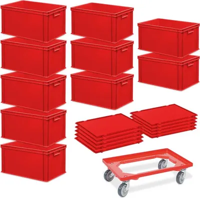 Produktbild von 10 Euroboxen, LxBxH 600x400x320 mm + 10 Scharnierdeckel + 1 Transportroller, rot