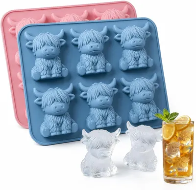 Imagen del producto de Molde de silicona 3D para hacer cubitos de hielo con forma de vaca de las Highlands, juego de 2 unidades, sin BPA, ideal para cócteles