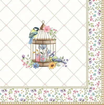 Zdjęcie produktu dla 20 serwetek Spring Bloom - Klatka dla ptaków z kwiatowym obramowaniem 33x33cm