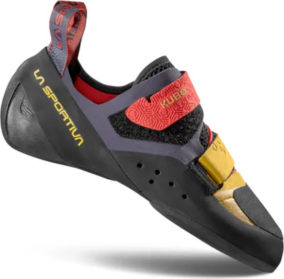 Kletterschuh "Kubo" von La Sportiva; schwarz mit roten und gelben Akzenten; für Klettern.