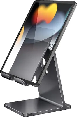 Produktbild von Tablet-Halterung aus Aluminium für iPad und iPhone, verstelbar, stabile Basis, kompatibel mit iPad Pro/Mini 6 und iPhone 14, Kindle-Grau