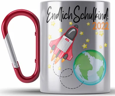 Produktbild von Trendation - Endlich Schulkind 2022 Einschulung Junge Mädchen Geschenk Schultüte Füllung Edelstahl Tasse Karabiner Schulstart 1. Schultag Schuleinführung Schulanfang Geschenkidee (Rot)