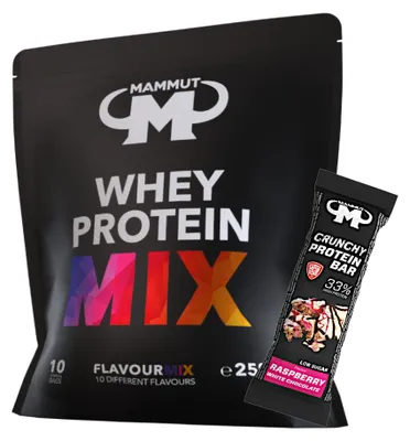 Produktbild von Mammut Nutrition - Whey Protein 10 x 25 g Proben Mixbeutel - 10 Portionen Eiweiß + GRATIS Protein Bar (Raspberry White Chocolate), Geschmack: Mix Beutel 10 x 25 g