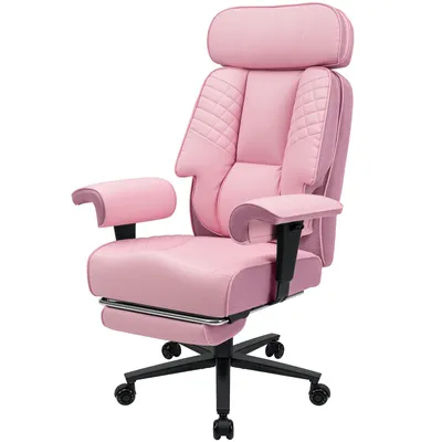 A pink office chair with a headrest and footrest is shown against a white background.