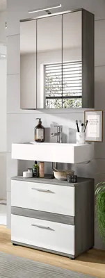 Produktbild von Badmöbel Set 2-teilig "Bailey" weiß Hochglanz und grau Badkombination mit LED, 60 cm