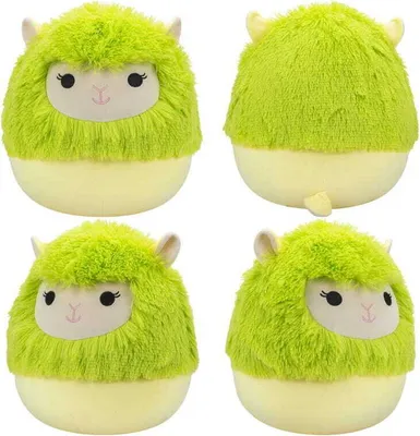 Four views of a green alpaca plush toy.