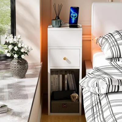 Obrázok produktu pre Nočný stolík, úzky, s zásuvkou a LED pásikom RGB, 25x30x66 cm, biela farba