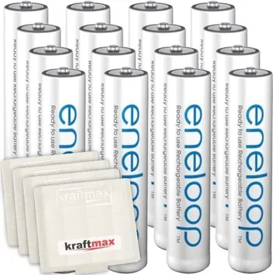 A collection of Panasonic Eneloop AAA rechargeable batteries and Kraftmax battery cases are arranged in a grid formation against a white background.