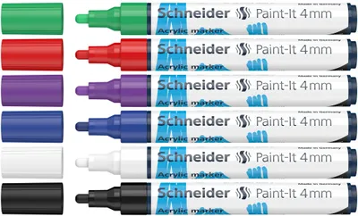 Produktbild von Schneider Schreibgeräte Paint-It, 6 Stück(e), Schwarz, Blau, Grün, Violett, Rot, Weiß, Rundspitze, Schwarz, Blau, Grün, Violett, Rot, Weiß, Rund, 4 mm