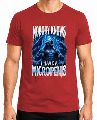 Zdjęcie produktu dla T-shirt męski, czerwony, rozmiar L. Nadruk: "Nikt nie wie, że mam mikropenis. Wilkołak. Sarkazm."
