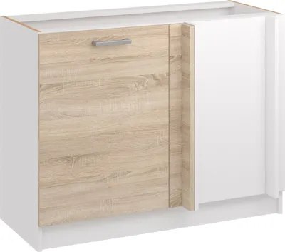 A kitchen base cabinet with a light wood grain door and a white side panel, shown from the front.