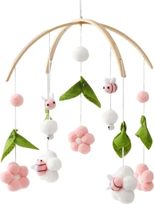 Produktbild von Herfair Mobile Baby Windspiele mit Filzbällen - Frische Blumen und Bienen, Kinderzimmer Hängende Bettglocke, für Babybett Wickeltisch Deko (Rosa)