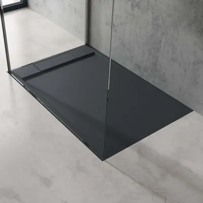 Produktbild von doporro Duschtasse Duschwanne 80x120x4 flach Mineralguss in Anthrazit DIN-Anschlüsse für bodenebene Montage geeignet Geoma04