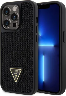 A black iPhone case with a gold Guess logo is shown next to an iPhone.