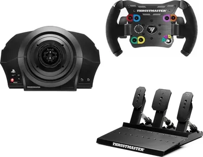 A collage of three separate gaming accessories for racing simulators.