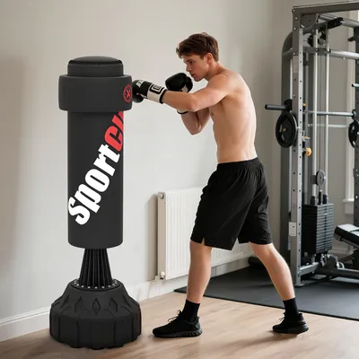 Produktbild von SUGIFT Standboxsack befüllbar, Freistehender Boxsack höhenverstellbar, Kickboxsack Stahl, Schwarz | Basis bis 50 kg | 57x57x175 cm