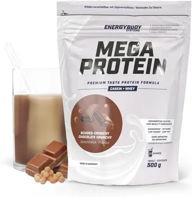 Produktbild von Energybody Mega Protein "Schoko-Crunchy", Proteinpulver mit Whey und Casein, Eiweißpulver, 500 g Beutel