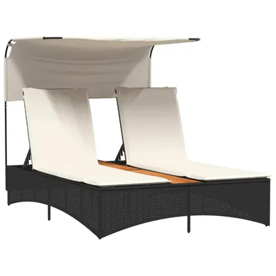 A double sun lounger with a canopy and cushions, shown against a white background.