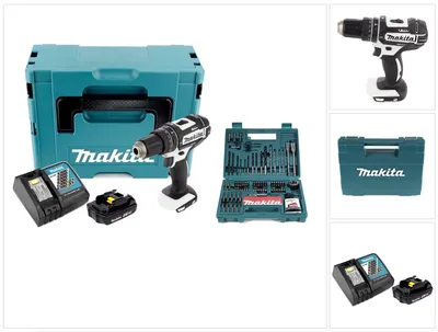 Immagine prodotto di Makita DHP 482 RF1J W  Avvitatore a percussione a batteria 18 V 62 Nm in confezione Makpac +  batteria da 3,0 Ah + caricabatterie rapido  + set di punte e inserti Makita B-53811 da 100 pezzi
