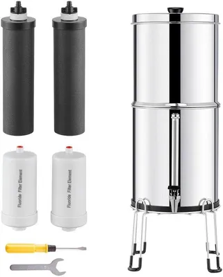 Produktbild von Filtersystem für Schwermetallentfernung, Typ 2,25G, aus Edelstahl 304, reduziert Blei und 99% Chlor. Enthält 2 Aktivkohlefilter, 2 Filter zur Entfernung von Fluorid und einen Wasserhahn.