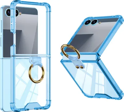 Image de Etui pour Samsung Galaxy Z Flip 7, Etui antichoc transparent avec protection d'écran et anneau bleu
