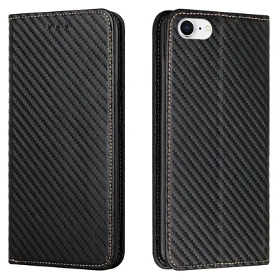 Immagine prodotto di Custodia per Apple iPhone 17e / 16e in Pelle finta carbonio magnetica con chiusura a flip, nera