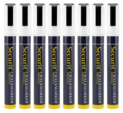 Produktbild von SECURIT - 8er-Set Kreidemarker - Für nicht-poröse Oberflächen - Mittelstarke Spitze 2-6 mm - Weiß