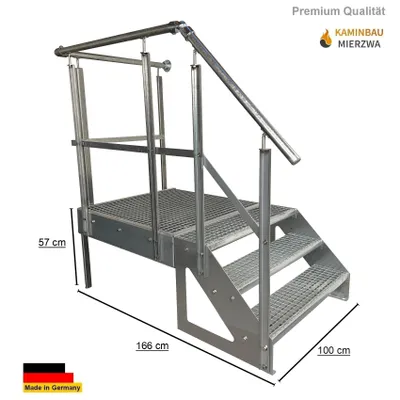 Immagine prodotto di Scala di piano Scala in acciaio autoportante 3 gradini Altezza 57 cm compreso il pianerottolo 100x100cm con ringhiera Zincato / Scala di allineamento a destra / Scala esterna