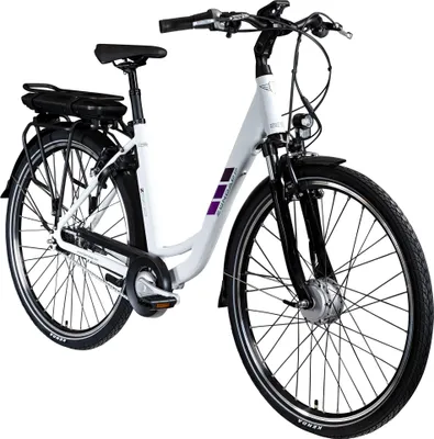 A white electric bicycle with purple accents is shown against a white background.