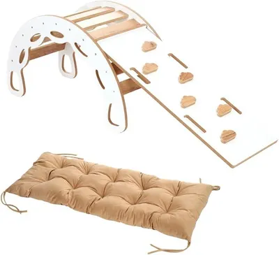 Imagen del producto de Ayudante Montessori para niños, balancín con pared de escalada de doble cara y tobogán, incluye cojín – Balancín de madera para niños a partir de 1 año, hasta 50 kg, 90 x 40 x 50 cm, blanco/roble, modelo BM-310