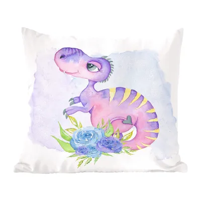 Produktbild von MuchoWow® Zierkissen Sofakissen Wohnzimmer Dekokissen 40x40 cm Dinosaurier - Kinderzimmer - Aquarell - Mädchen - Kinder - Rosa - Foto Kissen - Schlafzimmer Dekoration