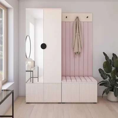Produktbild von Garderoben-Set Ritmo Version 1 – gefräste Kleiderschrank mit Spiegel, mit Polsterplatten, Schuhschrank, für Eingangsbereich (Cashmere, Trinity 19)
