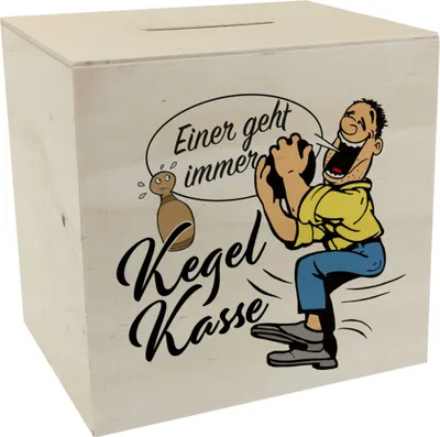 Produktbild von Kegelkasse Spardose aus Holz Einer geht immer in weiß mit lustigem Kegelspieler