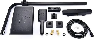 Produktbild von Edelstahl Duschset, Regendusche Duschset Duschsystem mit Thermostatische Funktion und 1,5 m Schlauch Verstellbarer Duschstange für Haus und Hotel, Schwarz
