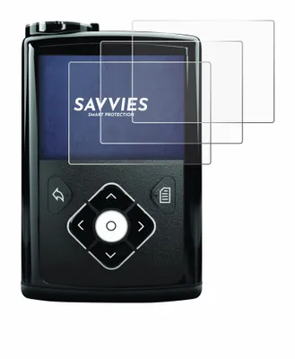 A close-up studio shot of a black electronic device with a screen displaying text, and three clear screen protectors layered over the screen.