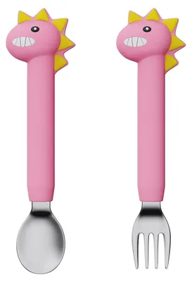 Immagine prodotto di Set di posate per bambini, cucchiaio educativo, posate per bambini, rosa, dinosauro, modello lungo